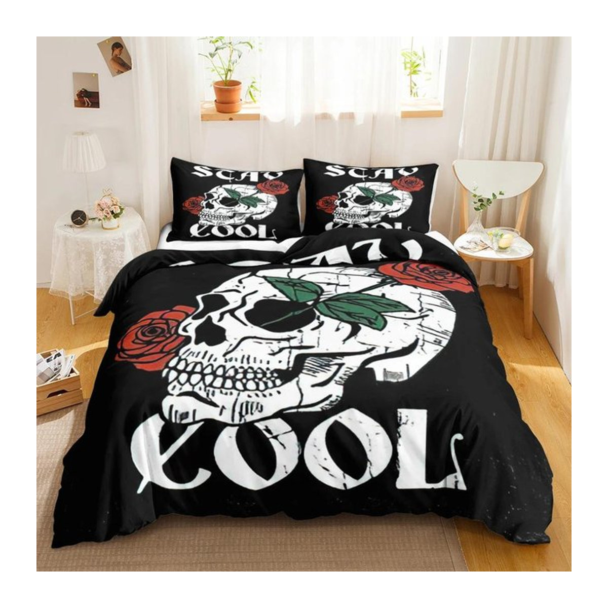 Gotisches Totenkopf Bettwäsche Set mit Rosenmuster in Schwarz, B/H: 135 x 200 cm - Bild 1