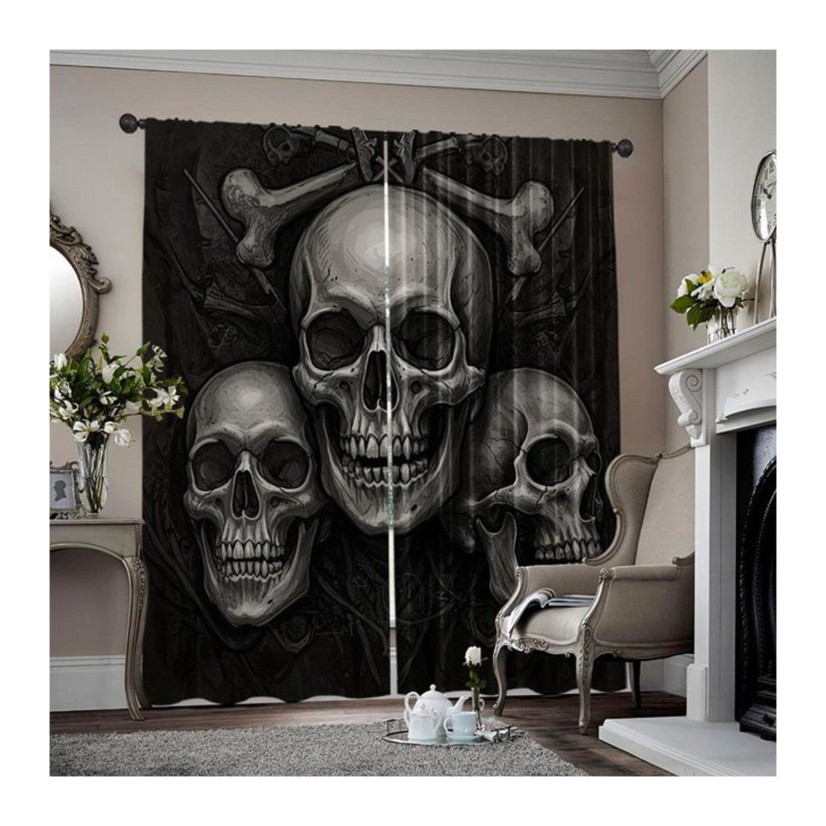 Gotisches Vorhang-Set mit Dreifach-Schädel-Motiv in Schwarz, blickdicht, aus Polyester, Breite: 100 cm, Höhe: 70 cm - Bild 1