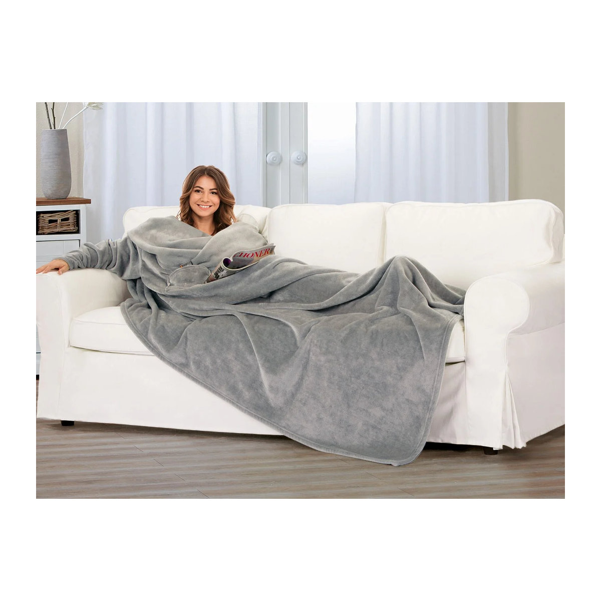 GÖZZE Fleece-Kuscheldecke mit Ärmeln in Silber/Grau, B: 240 cm, H: 150 cm - Bild 2