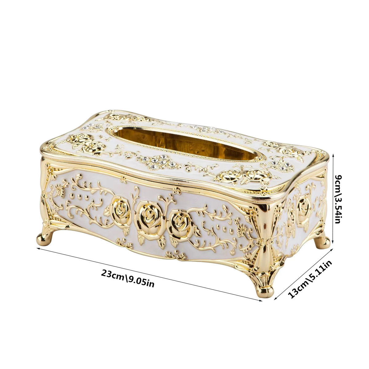 GQIYIBBEI Taschentuchbox aus Keramik im europäischen Stil mit floralem Design, Weiß und Gold, rechteckig und stehend - Bild 2