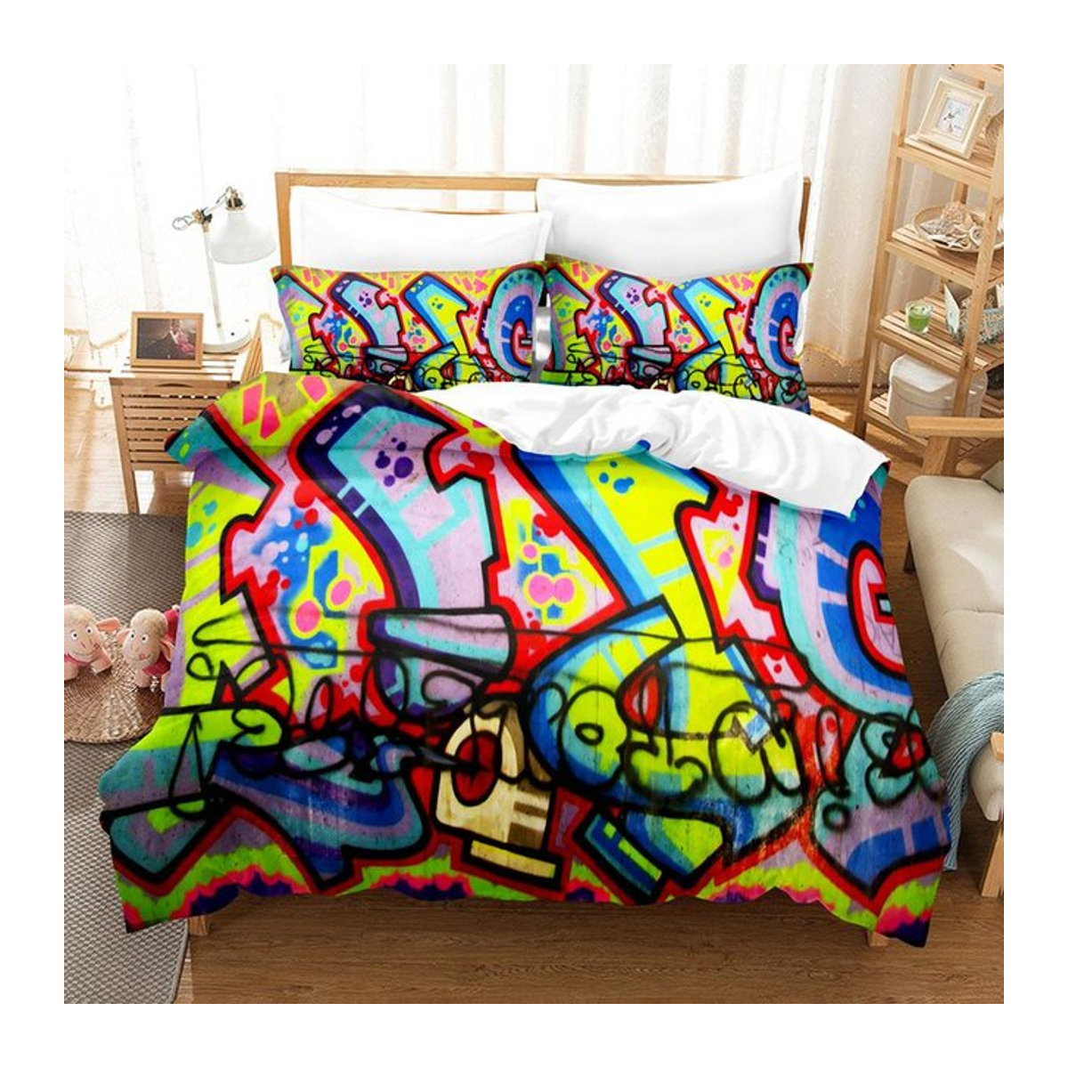 Graffiti Bettwäsche-Set Monika Chen in Multicolor mit Hip-Hop-Motiv, 3-teiliges Bettbezug-Set für EU Single, Breite: 135 cm, Länge: 200 cm - Bild 1