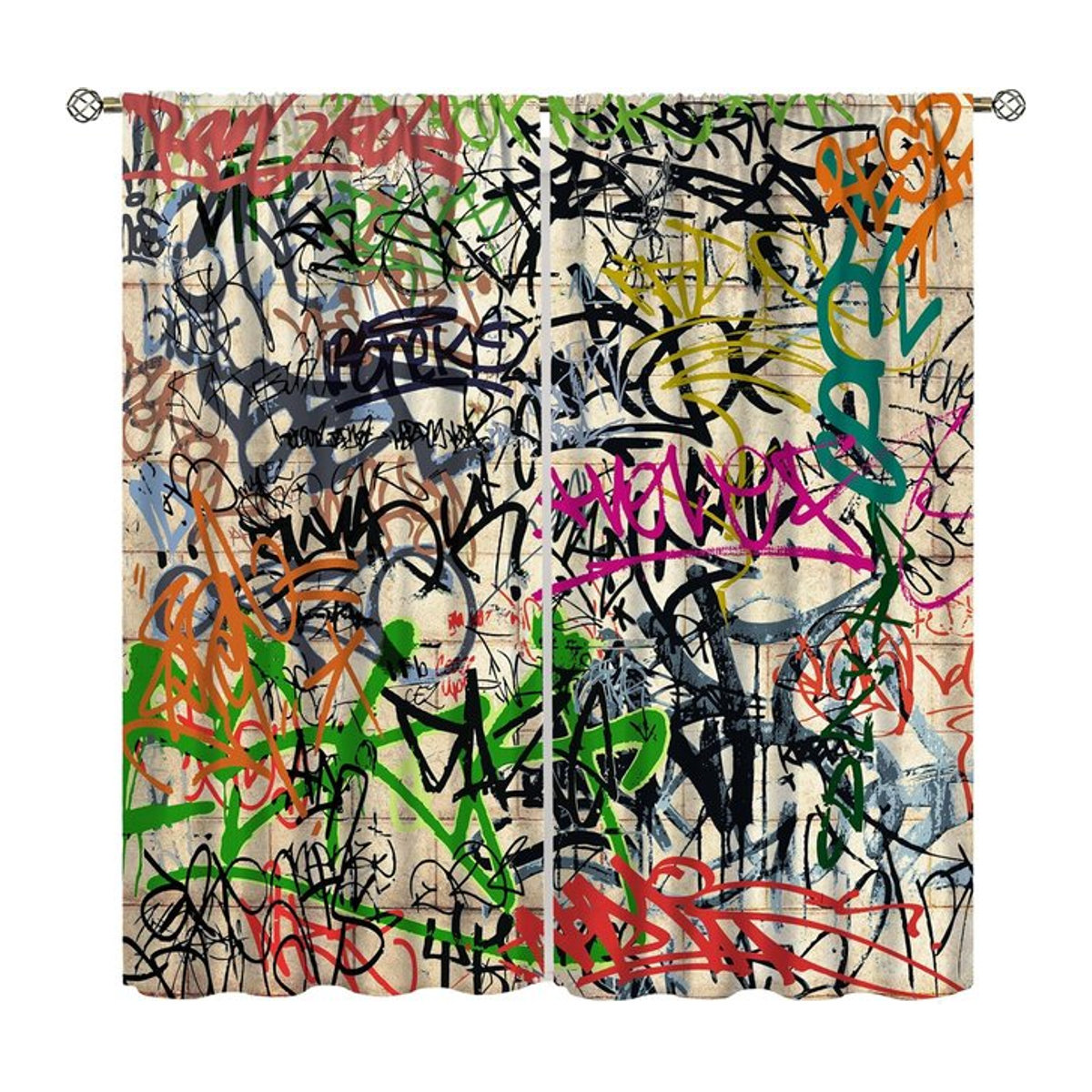 Graffiti Vorhänge für Kinderzimmer mit abstraktem Rap Street Art Design, Multicolor, Polyester, Breite: 100 cm, Höhe: 130 cm, 2er Set - Bild 1