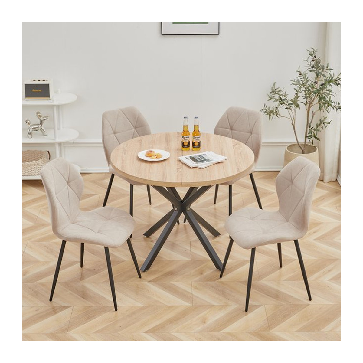 GrandCA HOME Essgruppe Modern: Runder Esstisch mit 4 gepolsterten Stühlen in Beige und Metallgestell - Bild 1