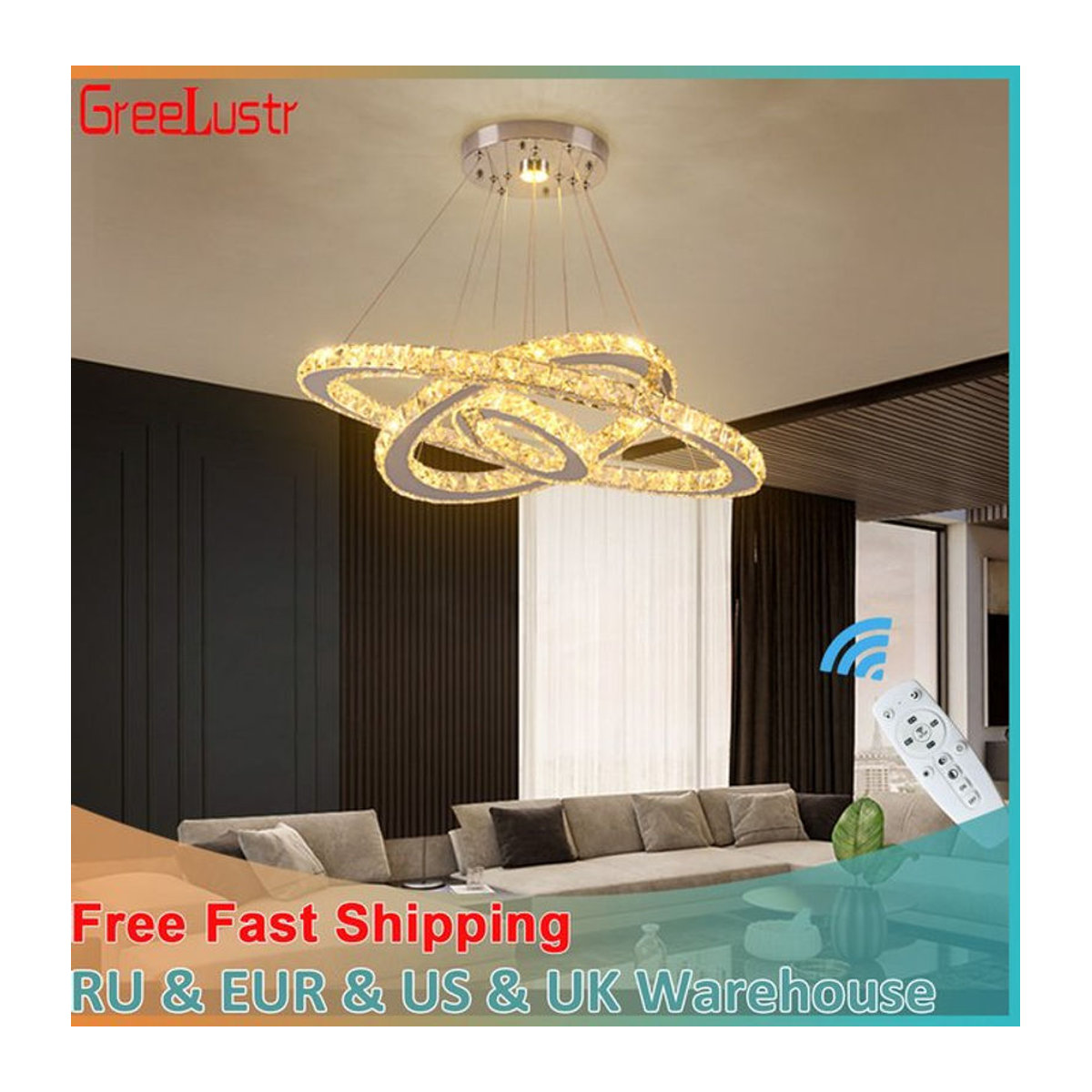 GreeLustr Moderne LED Pendelleuchte aus Kristall mit dimmbaren Ringen in Chrom - Bild 1