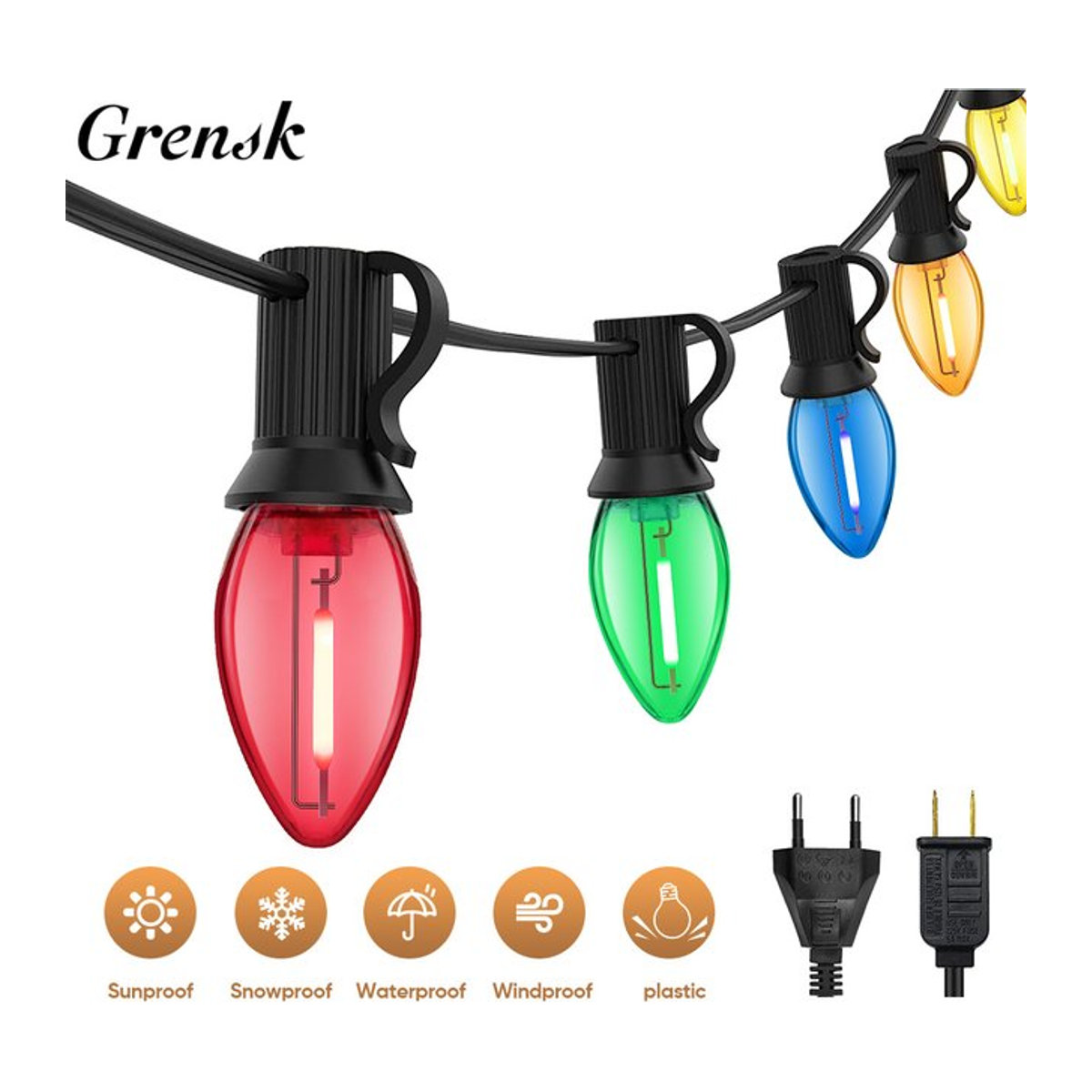 Grensk Bunte Lichterkette für den Außenbereich mit RGB C7 Lampen, wasserdichte Girlande mit E12-Sockel und bruchsicheren Ersatzlampen, Farbe: Bunt - Bild 1