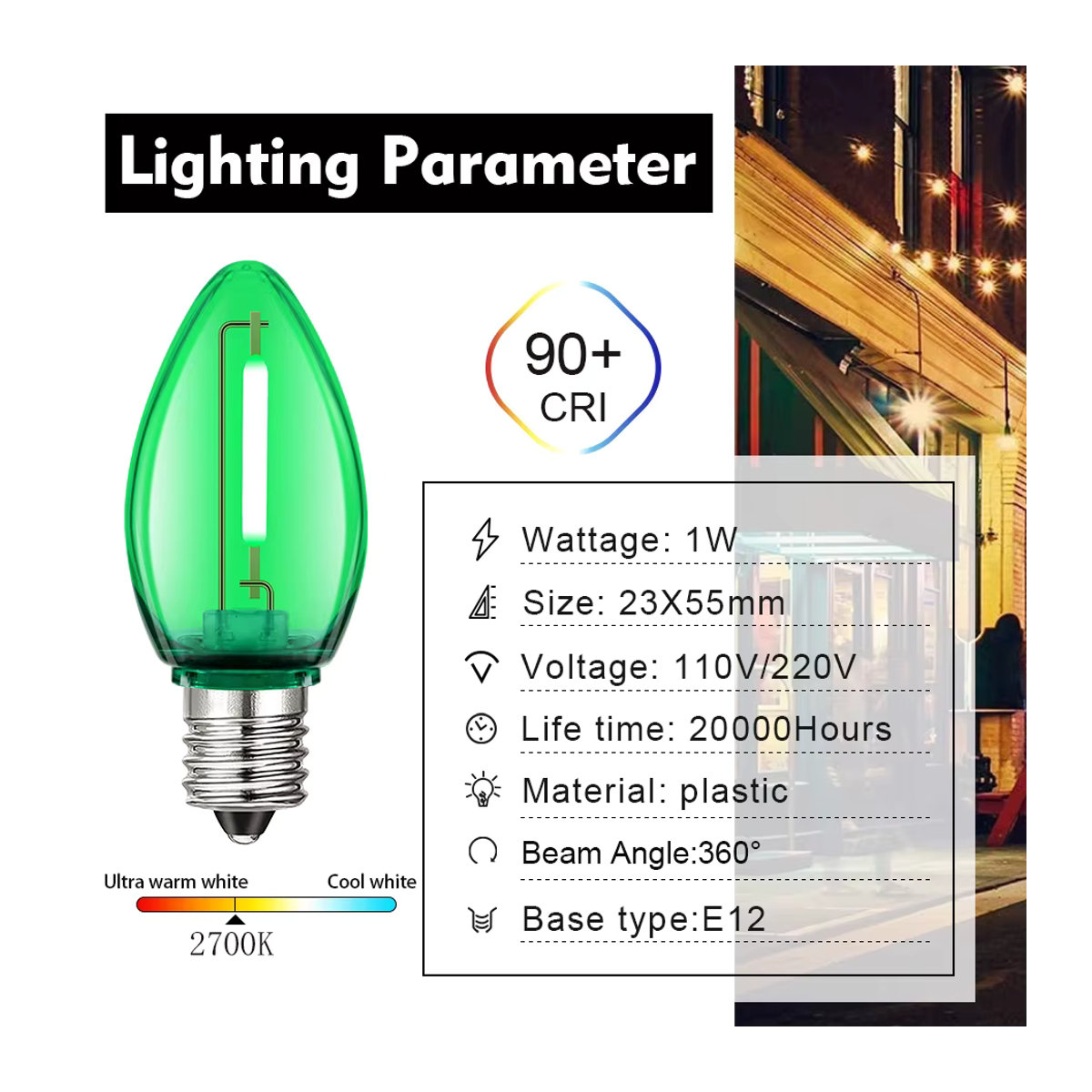 Grensk Bunte Lichterkette für den Außenbereich mit RGB C7 Lampen, wasserdichte Girlande mit E12-Sockel und bruchsicheren Ersatzlampen, Farbe: Bunt - Bild 2