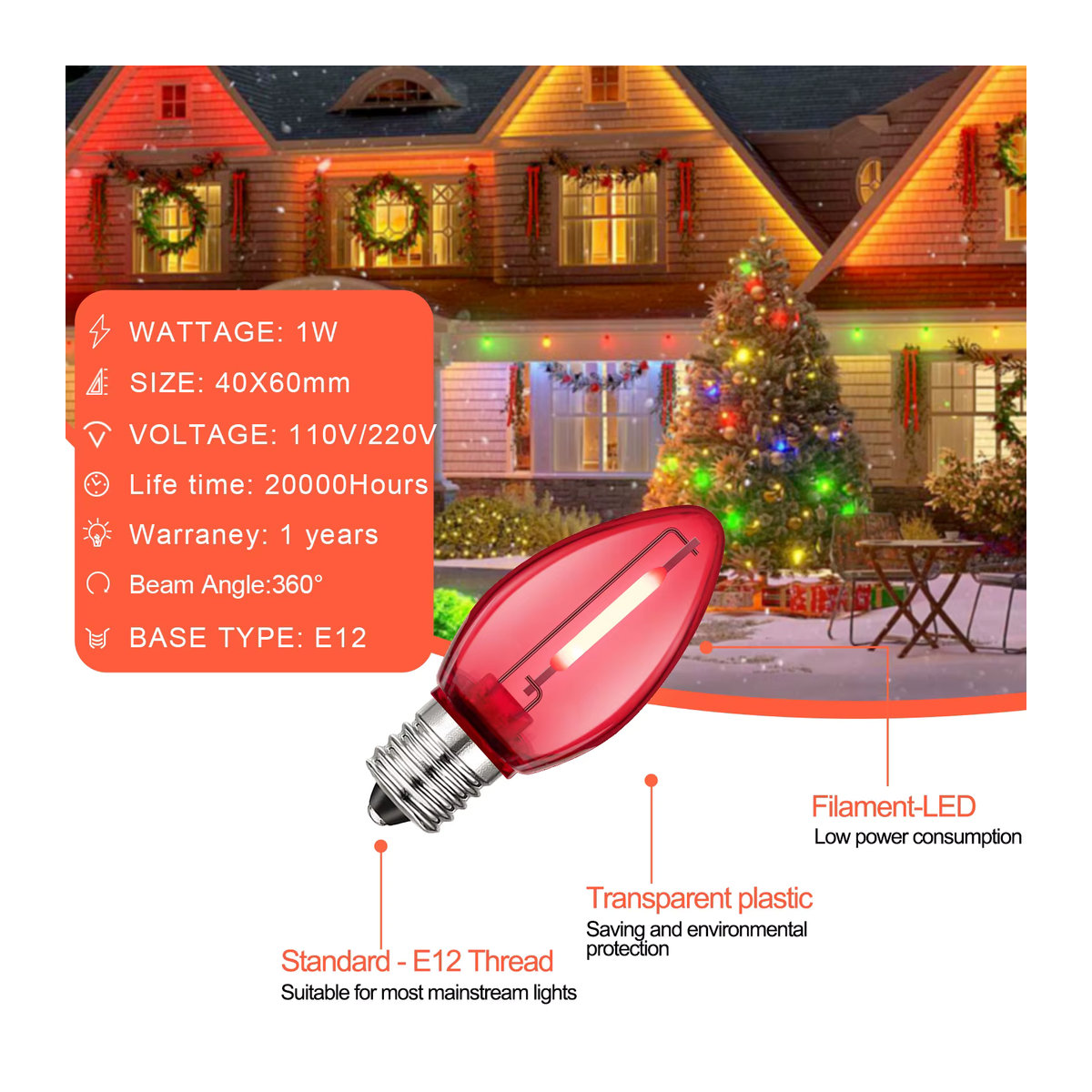 Grensk Bunte Lichterkette für den Außenbereich mit RGB C7 Lampen, wasserdichte Girlande mit E12-Sockel und bruchsicheren Ersatzlampen, Farbe: Bunt - Bild 4