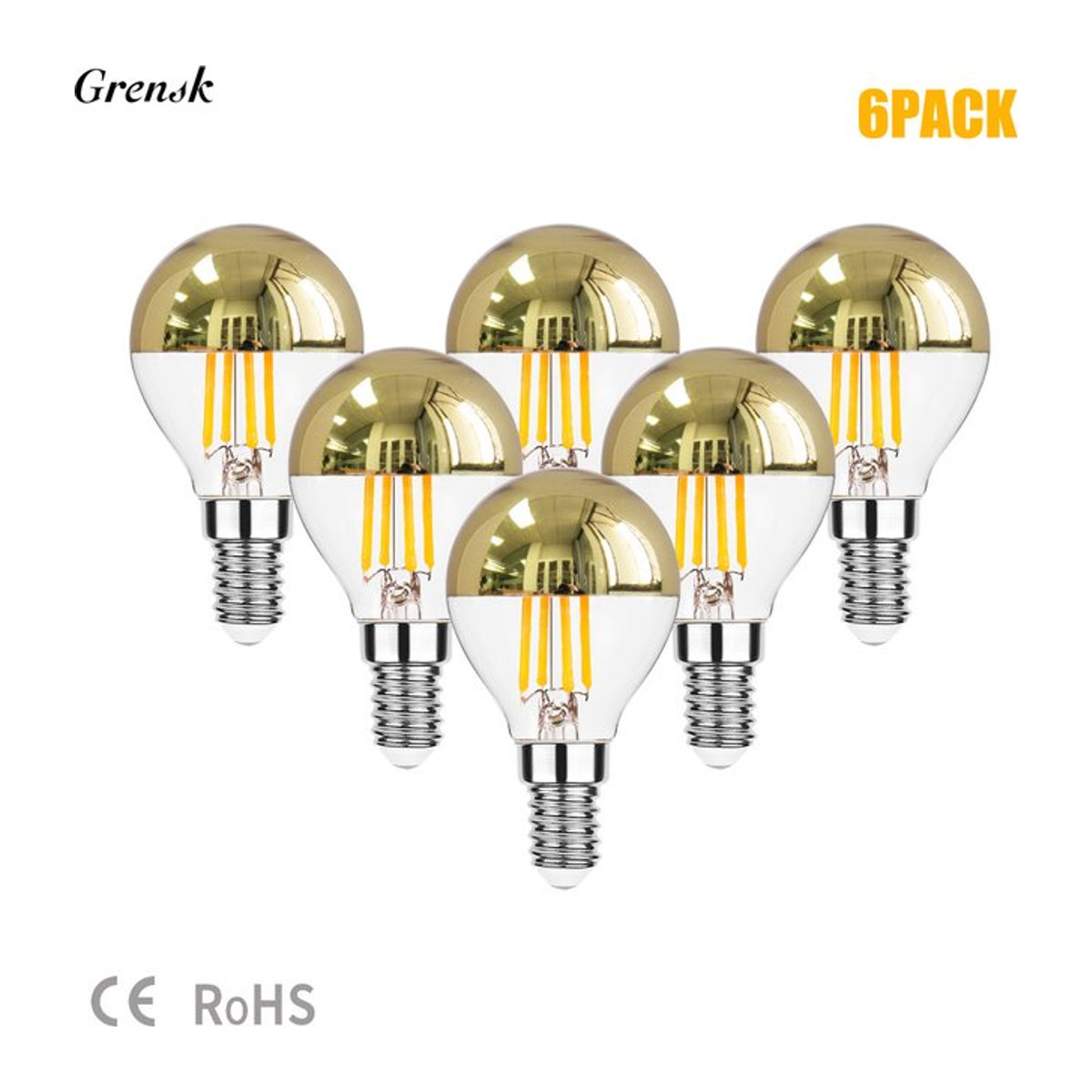 Grensk LED Retro Edison Glühbirne im 6er Set, Gold, Warmweiß, E14 E12 G45 4W Vintage Filament Lampe - Bild 1