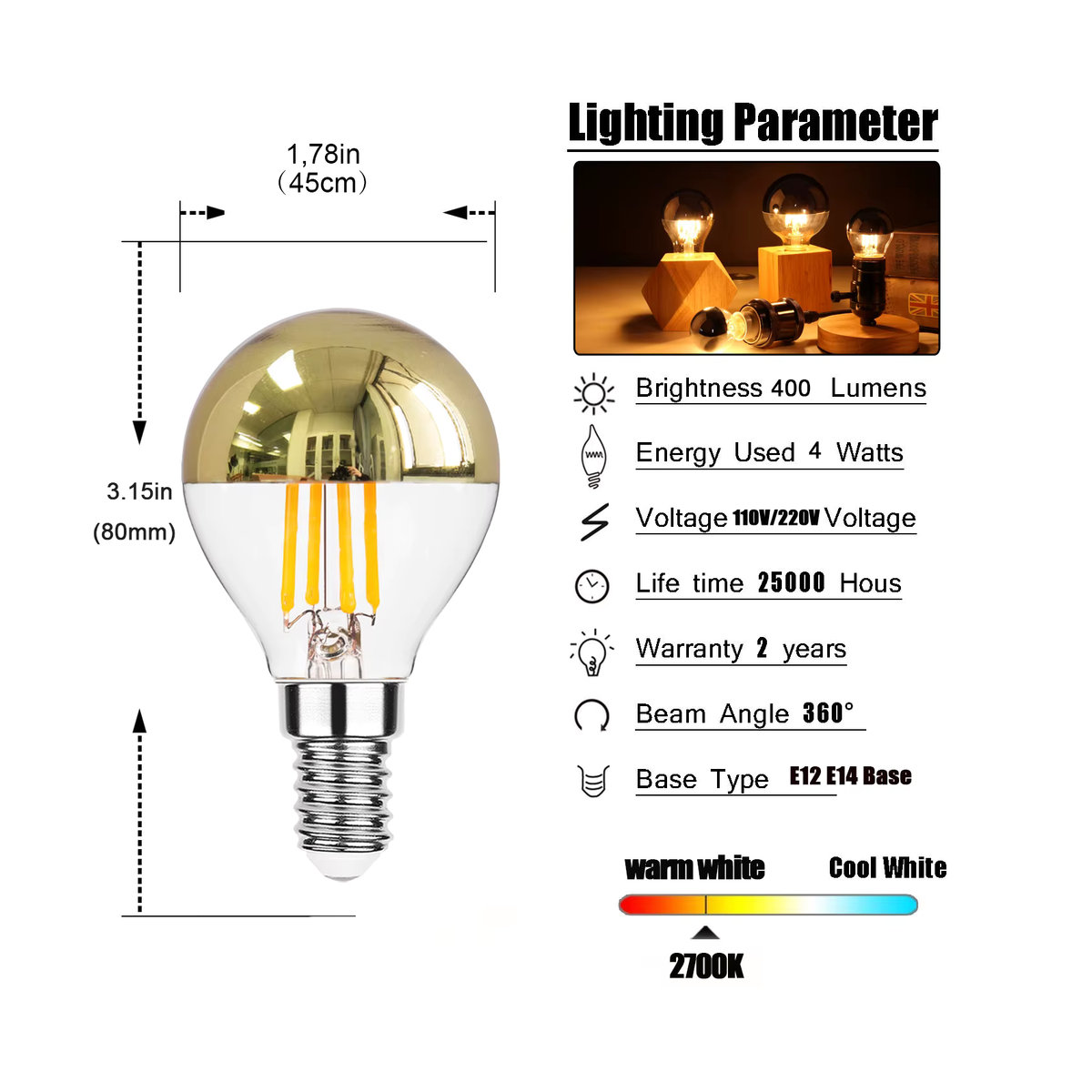 Grensk LED Retro Edison Glühbirne im 6er Set, Gold, Warmweiß, E14 E12 G45 4W Vintage Filament Lampe - Bild 2