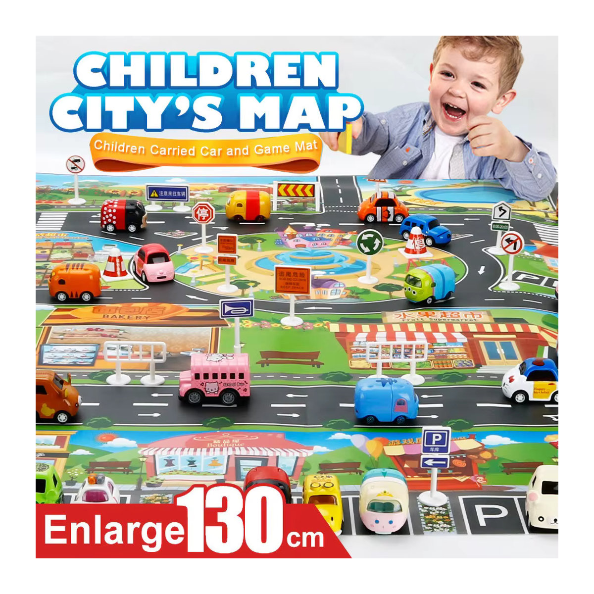 Großer Spielteppich für Kinder mit Stadtansicht und Straßennetz in Multicolor - Bild 2
