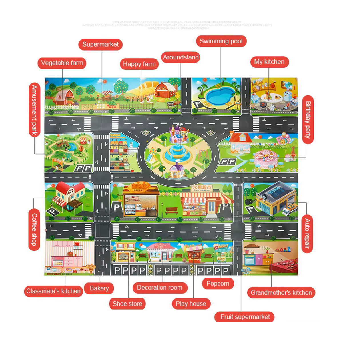 Großer Spielteppich für Kinder mit Stadtansicht und Straßennetz in Multicolor - Bild 4