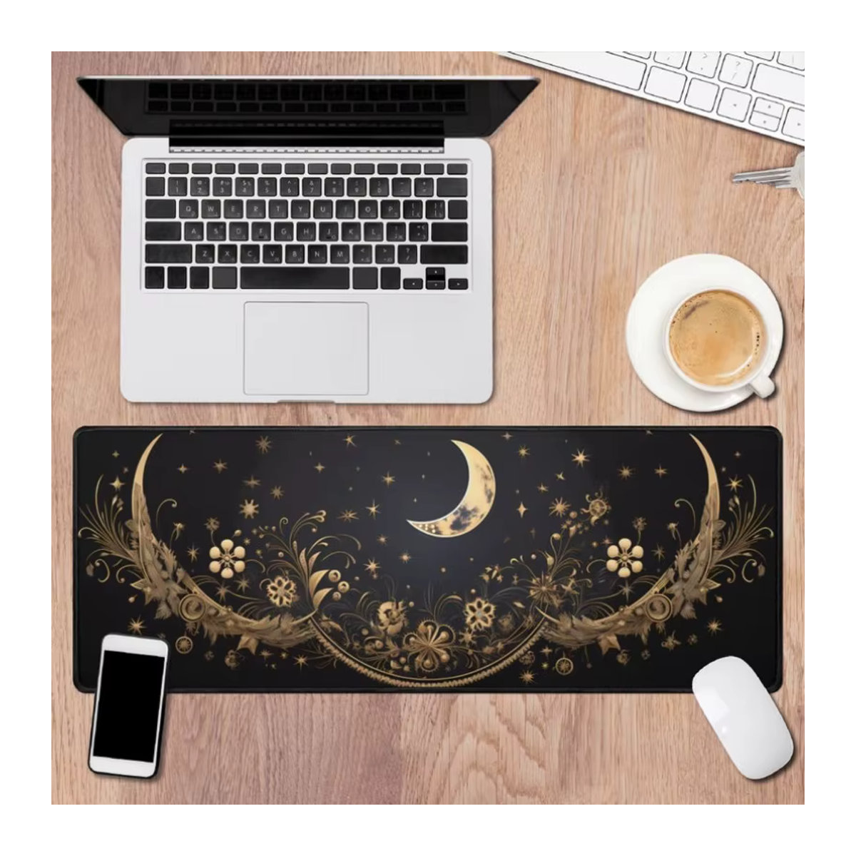 Großes Boho Schreibtischpad mit Halbmond und Astronomie-Motiv in Grün - Bild 2