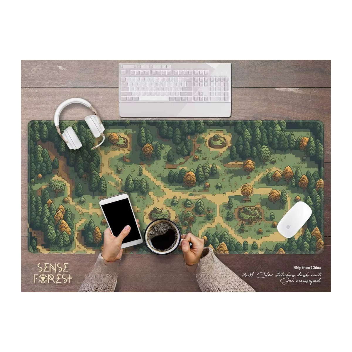 Großes Mauspad im Retro Gaming Pixel Kunst Design mit Wald Motiv in Grün, Beige und Braun - Bild 3