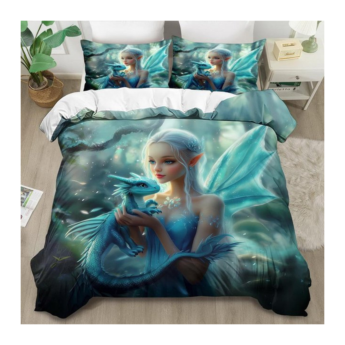 Grosstor 3-teiliges Bettwäsche-Set mit 3D-Drachen-Motiv in Weiß und Schwarz, Bettbezug mit Reißverschluss, Größe: 135 x 200 cm - Bild 1