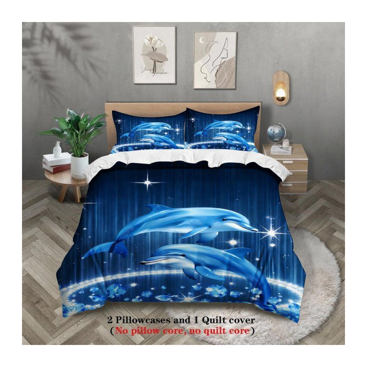 Grosstor Bettwäsche-Set mit Delfin-Muster in Blau, bestehend aus Bettbezug und Kissenbezügen, atmungsaktiv und knitterfrei, B/H: 135 x 200 cm - Bild 1
