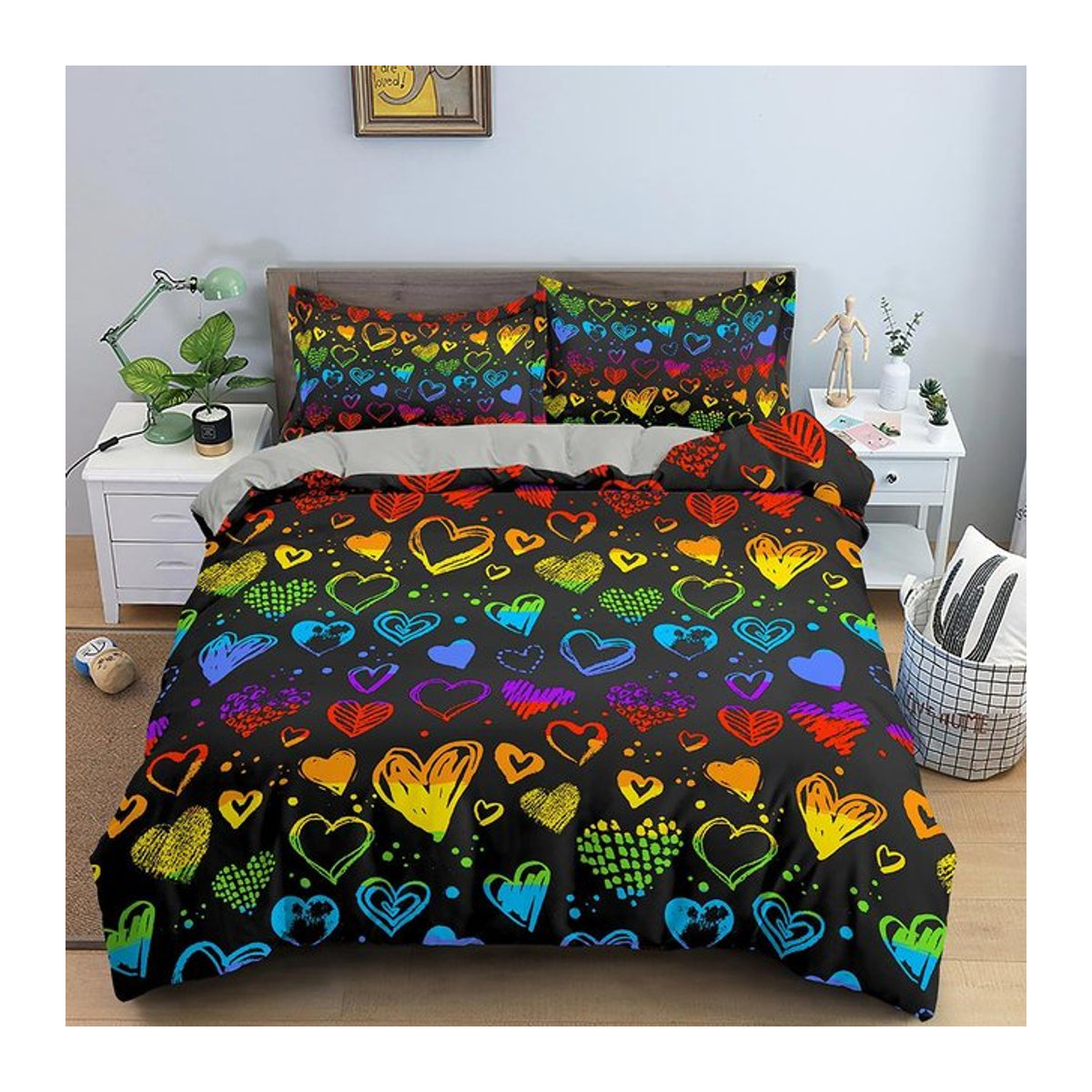 Grosstor Bettwäschegarnitur mit geometrischem Streifenmuster und Herzdesign für Kinder, Multicolor, B/H: 135 x 200 cm - Bild 1