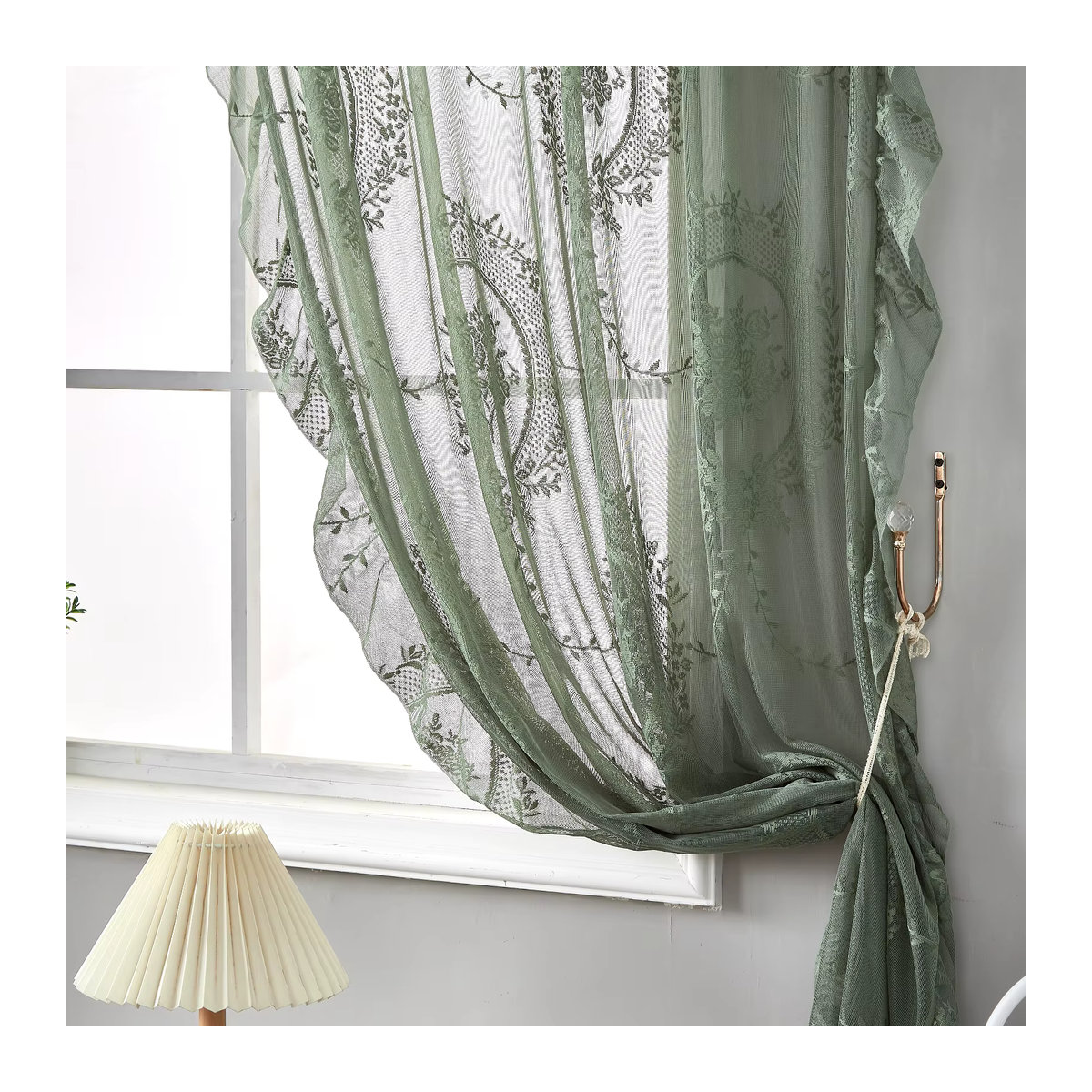Grüne Spitzenvorhänge im Landhausstil mit Spiegelzweigen als transparente Voile-Gardine zur Fensterdekoration für dein Wohnzimmer oder Schlafzimmer - Bild 2