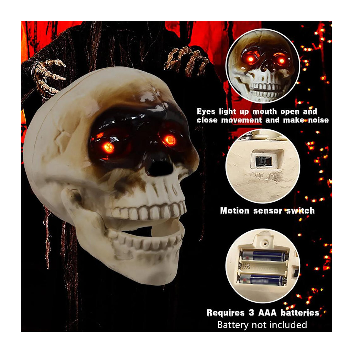 Gruseliger Halloween Schädel von PHYUN-autoparts mit Rotlichtaugen und Tonfunktion aus Kunststoff - Bild 3