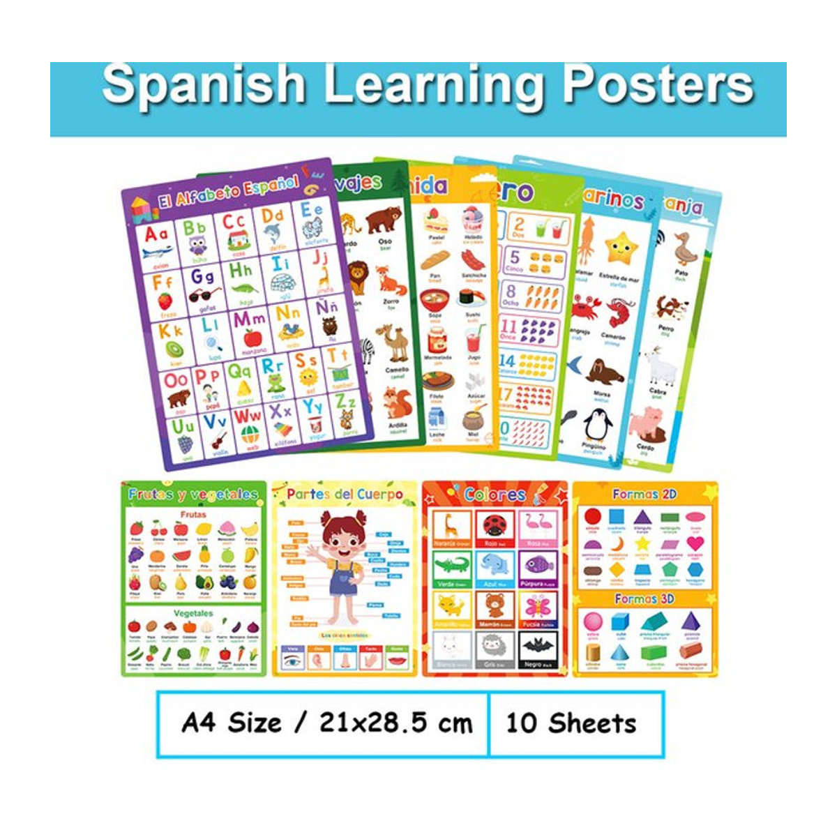 GSF Zweisprachiges Spanisch-Englisch Lernposter für Kinder mit Buchstaben und Typografie, mehrfarbig, A4, Breite: 21 cm, Höhe: 28,5 cm - Bild 1