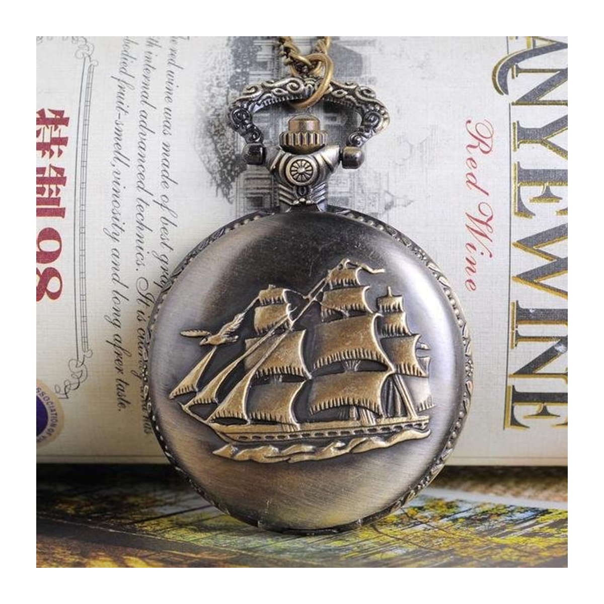 GT Vintage Quarz-Taschenuhr aus Metall in Gold und Braun mit Segelboot-Motiv, rund und hängend - Bild 1