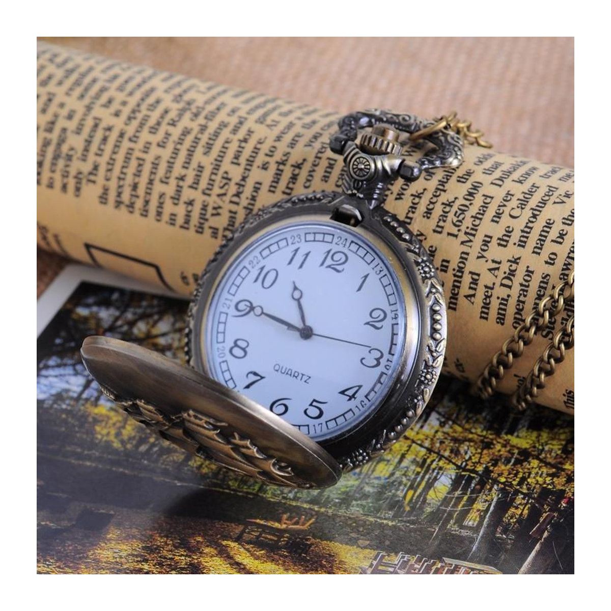GT Vintage Quarz-Taschenuhr aus Metall in Gold und Braun mit Segelboot-Motiv, rund und hängend - Bild 4