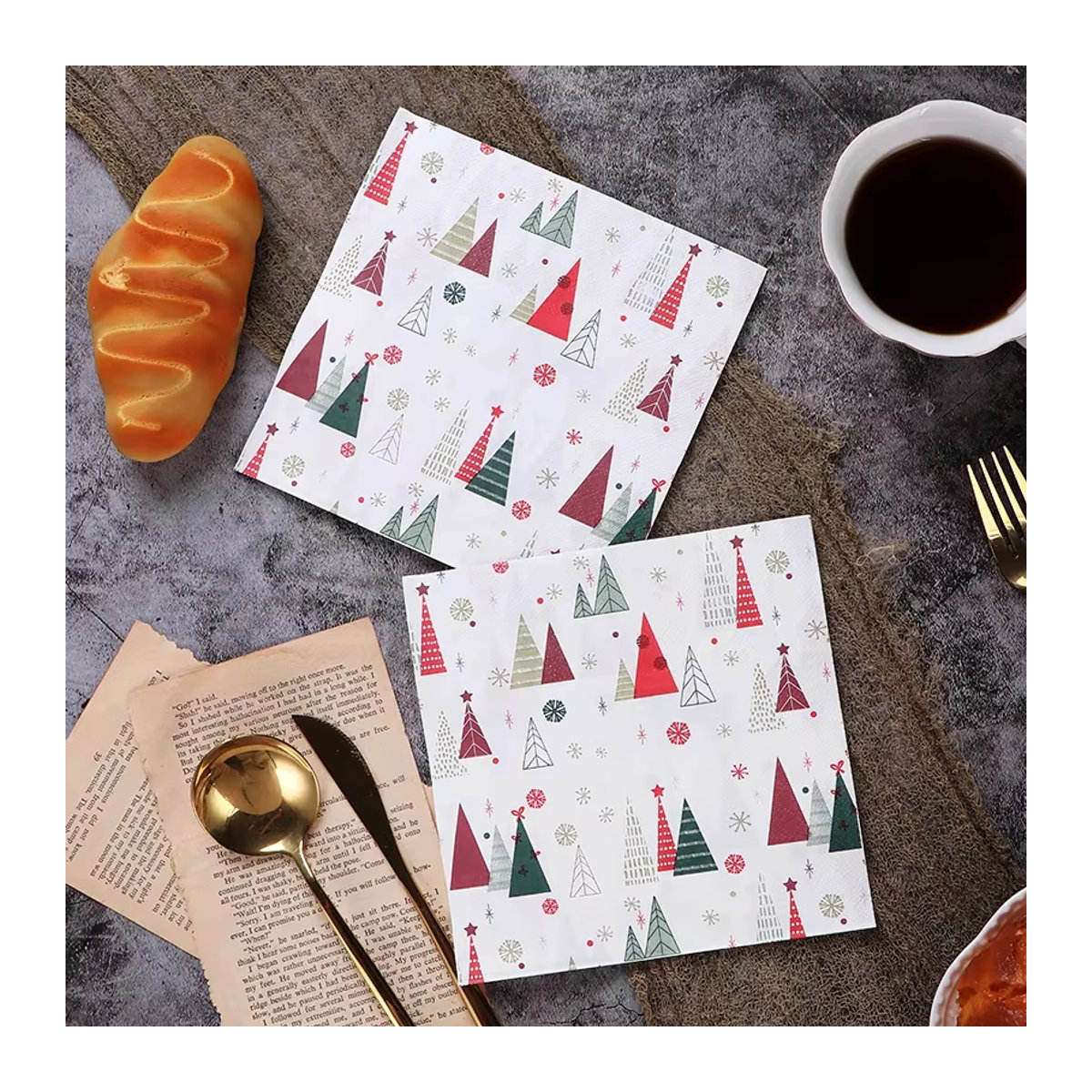 GUANYAO Buntes Seidenpapier mit Weihnachtsbaum-Print für deine Party-Tischdekoration, 2-lagig, B/B: 33 x 33 cm, 20er Paket - Bild 2