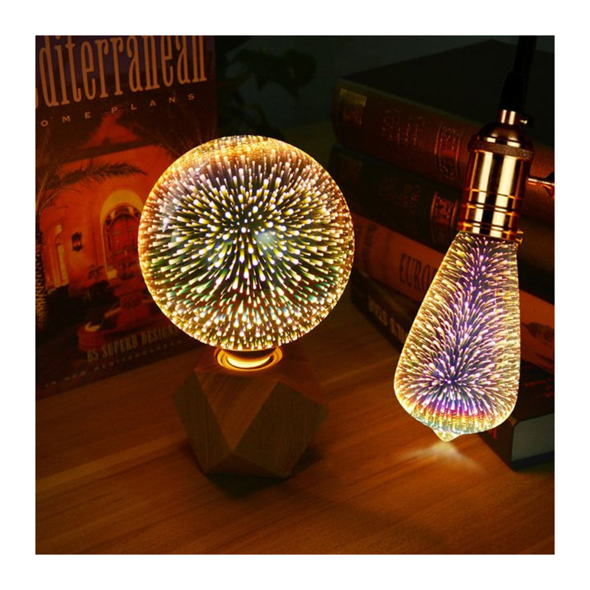 Guillermo LED 3D Tischlampe im Vintage Design mit buntem Feuerwerk-Effekt und Holzfuß - Bild 1