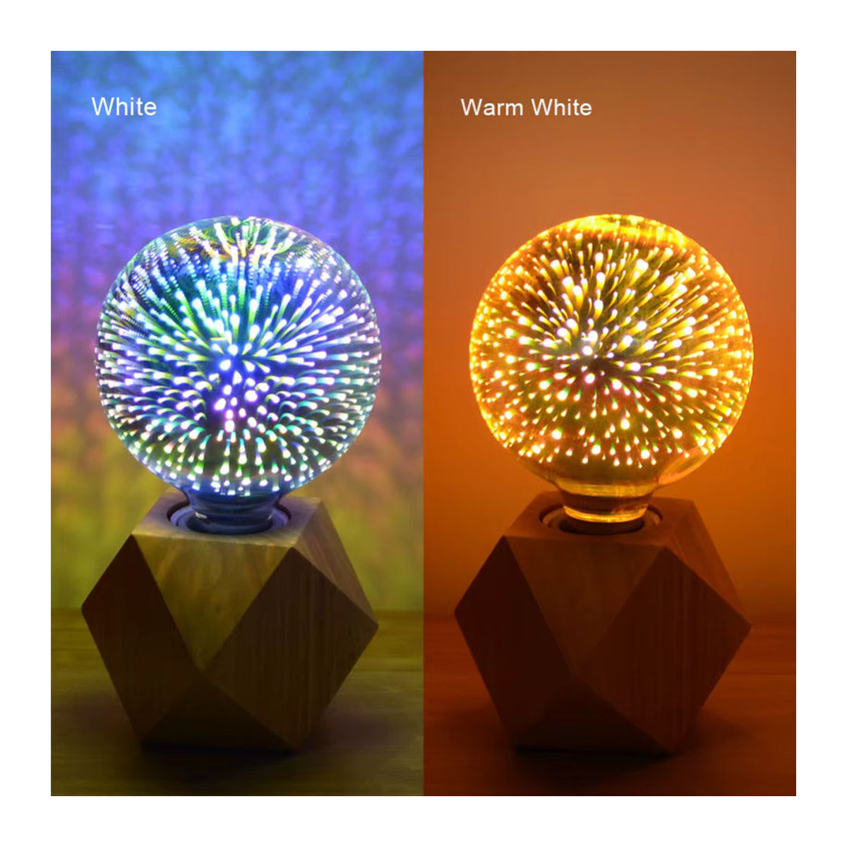 Guillermo LED 3D Tischlampe im Vintage Design mit buntem Feuerwerk-Effekt und Holzfuß - Bild 3