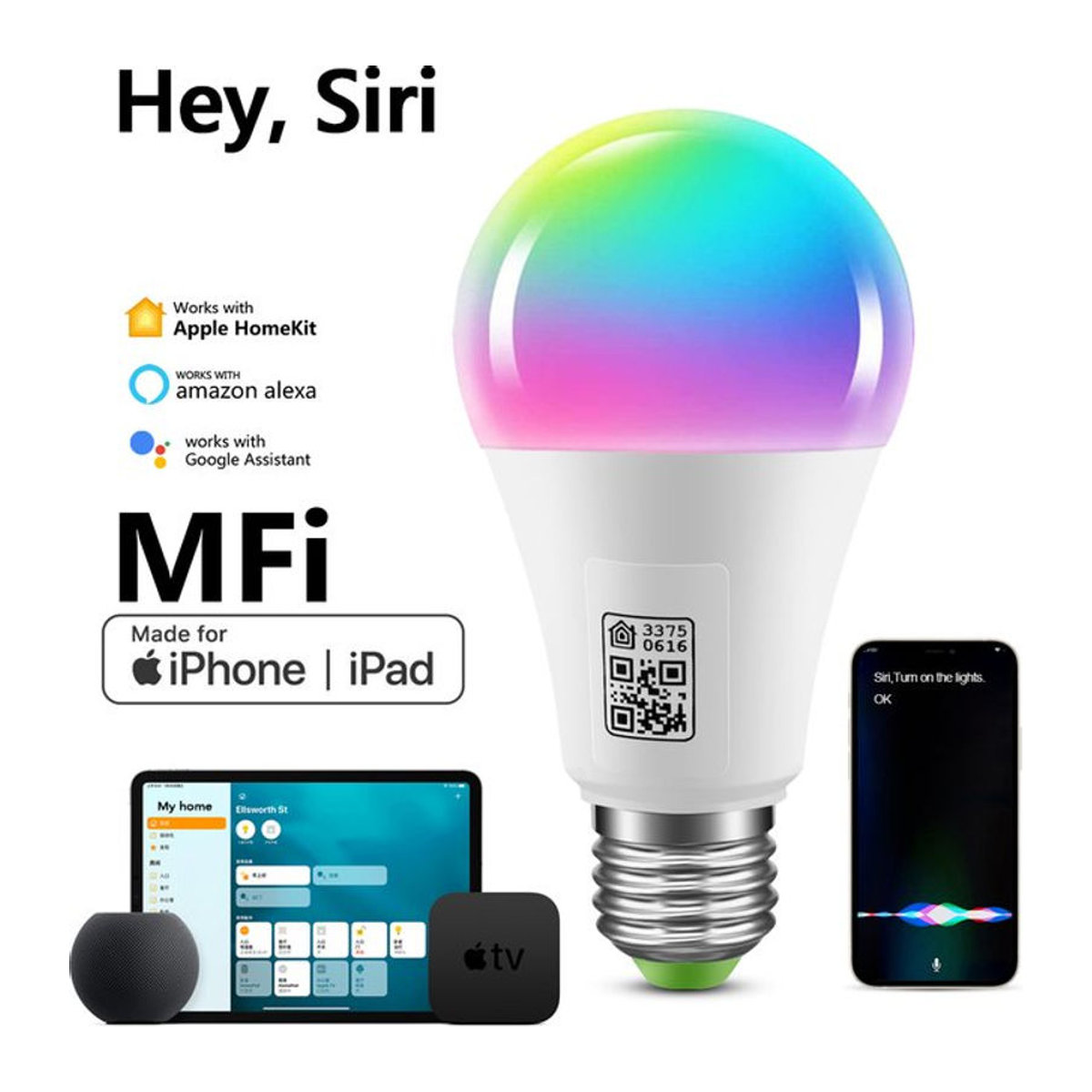 Guillermo Smart-Lampe E27 MFI-zertifiziert Homekit LED-WLAN-Glühbirne, mehrfarbig und dimmbar, kompatibel mit Siri, Alexa und Google Home - Bild 1