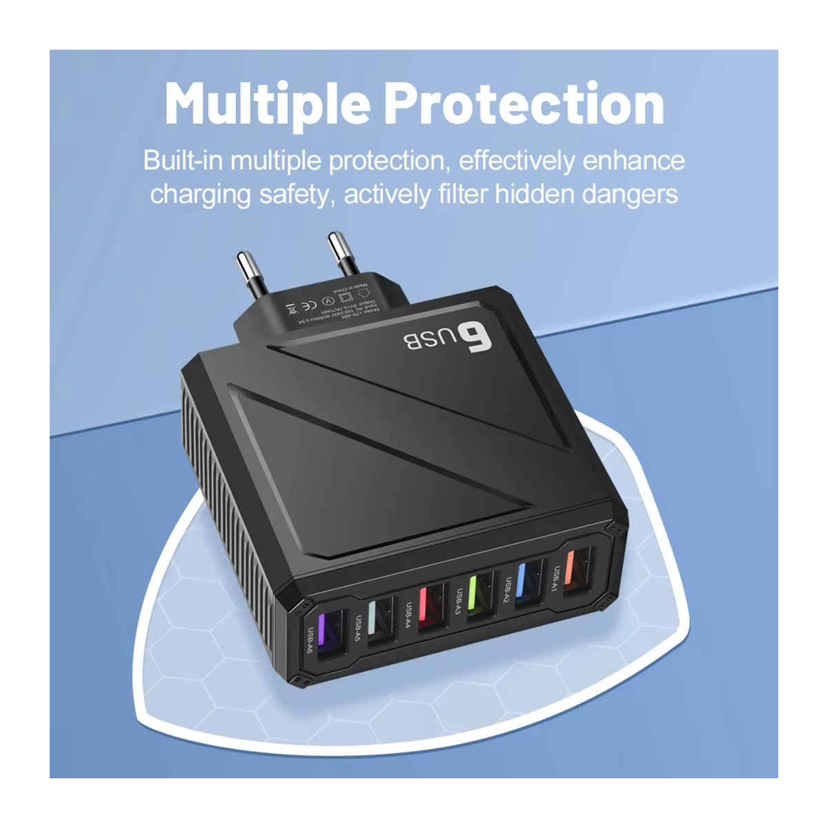 GUSEYEE USB Wandladegerät mit 6 Ports und 3,1 A Schnellladefunktion in Schwarz - Bild 3
