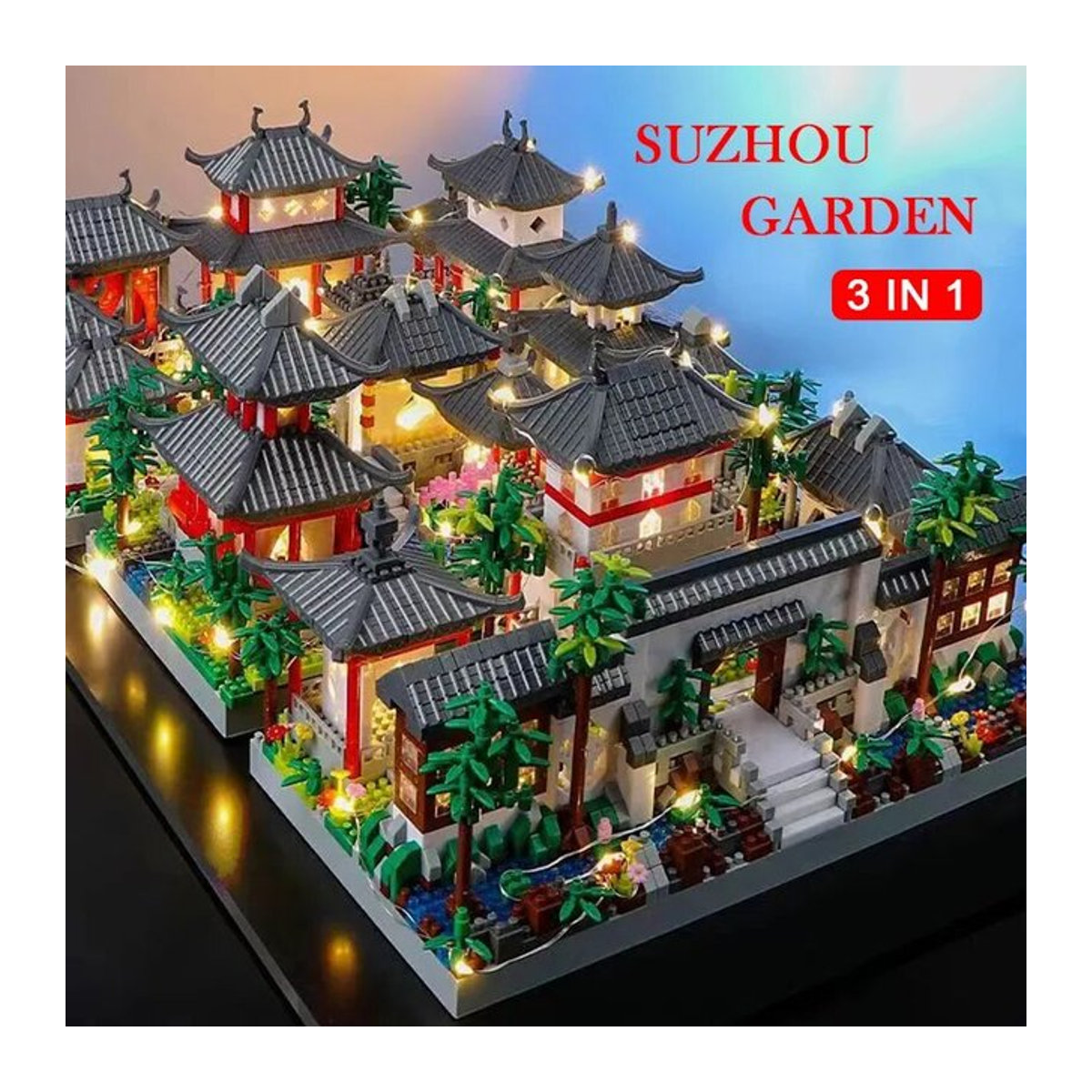 Haifeng Suzhou Gartenblöcke Mini-Block Set mit LED-Licht, klassische chinesische Architektur aus Kunststoff, mehrfarbig - Bild 1
