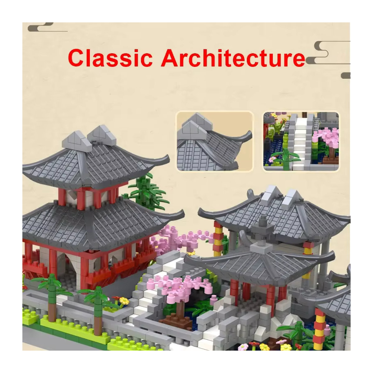 Haifeng Suzhou Gartenblöcke Mini-Block Set mit LED-Licht, klassische chinesische Architektur aus Kunststoff, mehrfarbig - Bild 3
