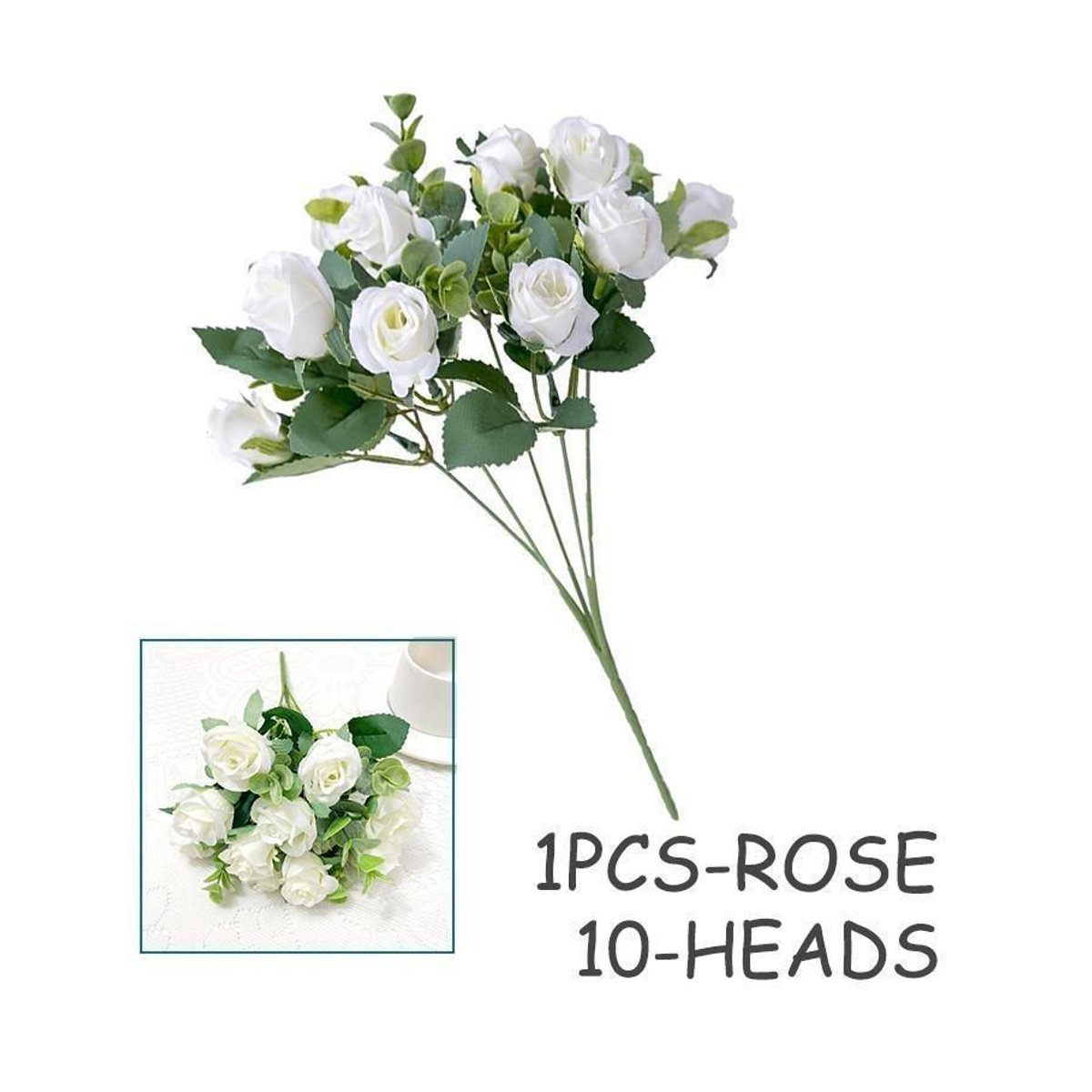 HaiKouLiJinHaiKeJiYouXianGongSi Künstlicher Blumenstrauß mit 10 Rosen, Pfingstrosen und roten Eukalyptusblättern in Weiß für Hochzeit und Heimdekoration - Bild 2