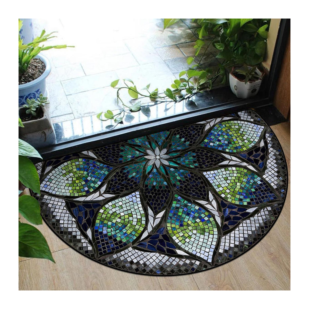 Halbkreisförmige Fußmatte mit Blumenmuster aus Polyester, Bunt, B/T: 120 x 80 cm - Bild 1