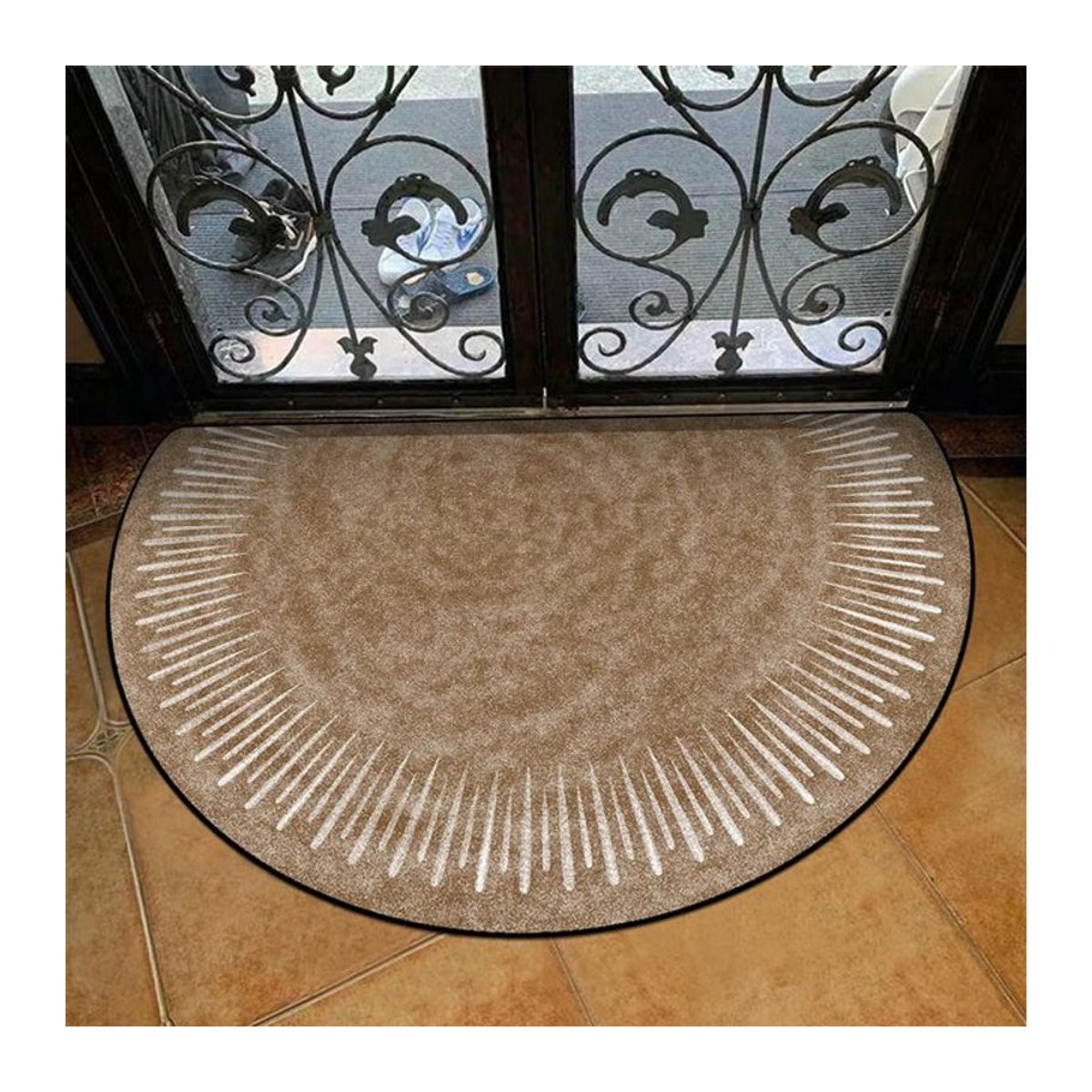 Halbkreisförmige Fußmatte mit Blumenmuster aus Polyester für Garten und Eingangsbereich, Schwarz/Weiß, B: 120 cm, T: 80 cm - Bild 2