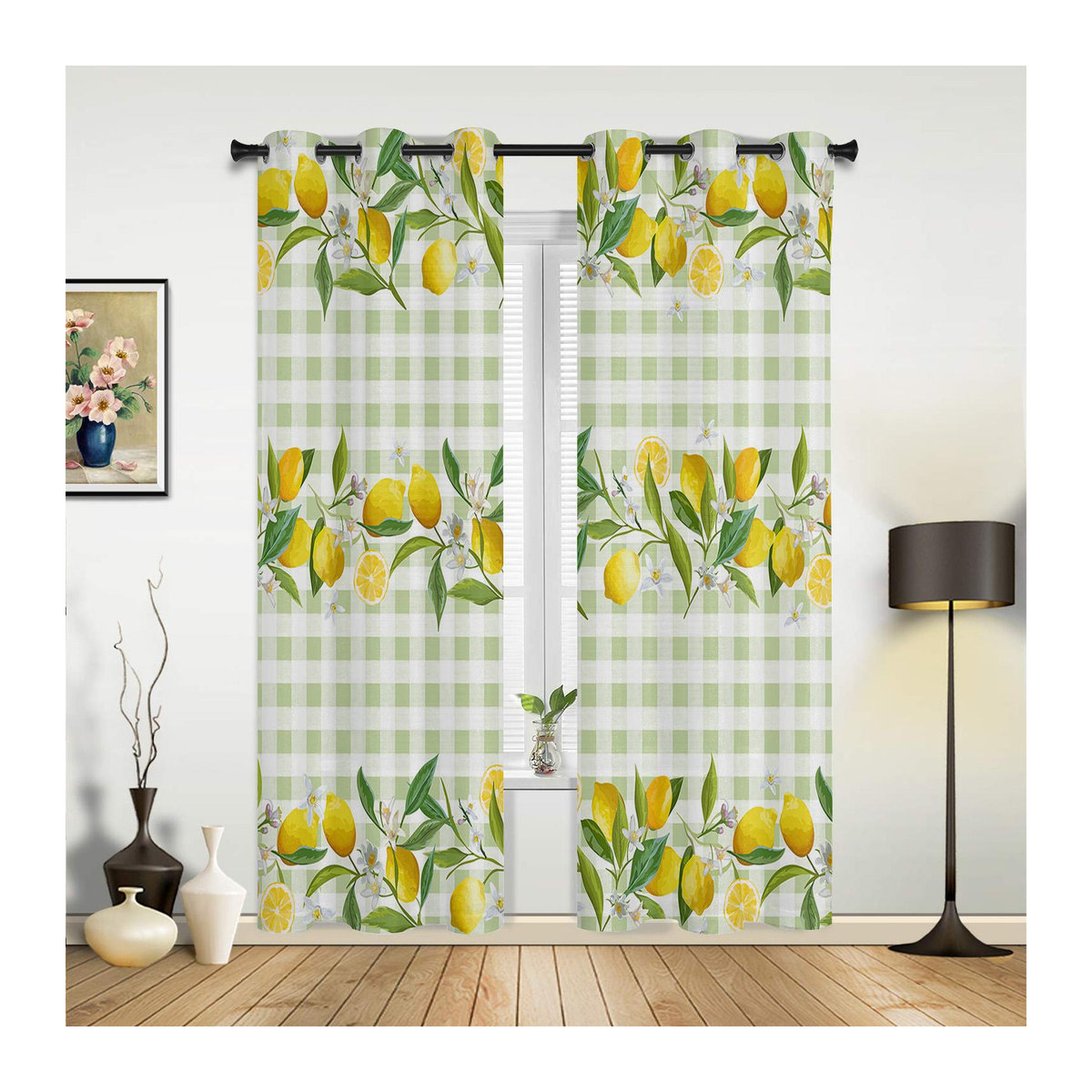 Halbtransparente Fenstervorhänge im Zitronen-Karo-Design für Wohnzimmer, Kinderzimmer oder Küche, Breite: 135 cm, Höhe: 60 cm - Bild 1