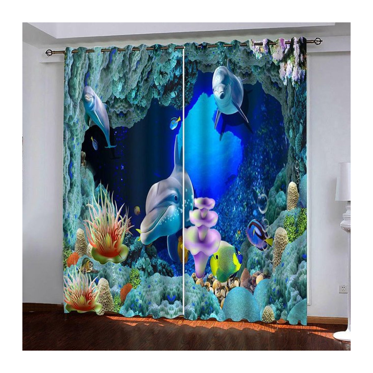 Halbtransparente Sonnenschutz Vorhänge mit 3D Digitaldruck Unterwasserwelt und Delfin für Kinderzimmer, Wohnzimmer oder Schlafzimmer, B: 120 cm, H: 243 cm - Bild 1