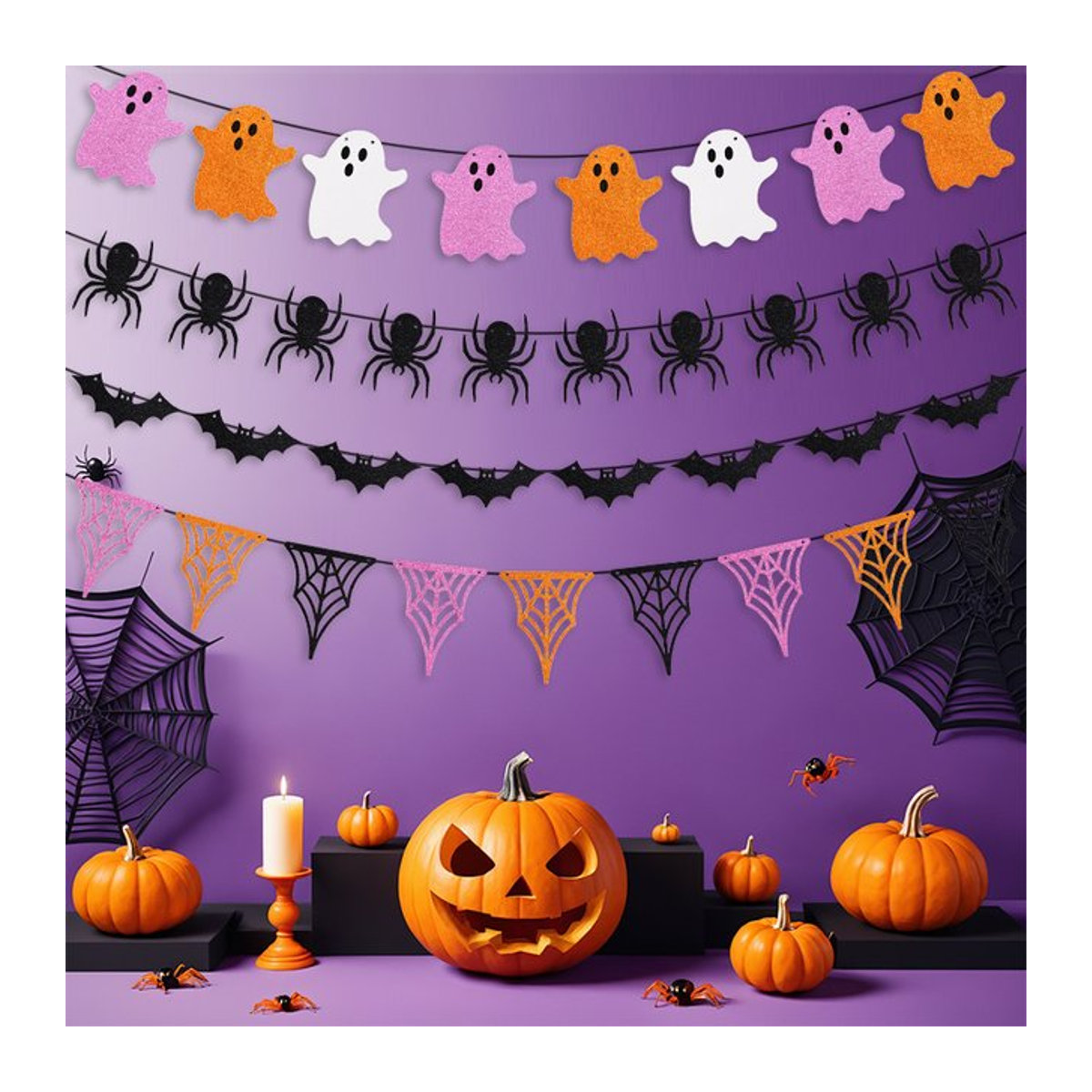 Halloween Banner DIY Party Dekoration mit Spinne, Fledermaus, Geist und Spinnennetz in Multicolor zum Aufhängen - Bild 1