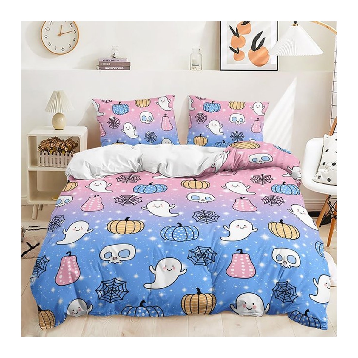 Halloween Bettwäscheset für Mädchen mit Galaxy-Motiv, weißem Geist und Kürbismuster in Pink und Blau, B/H: 172 x 218 cm - Bild 1