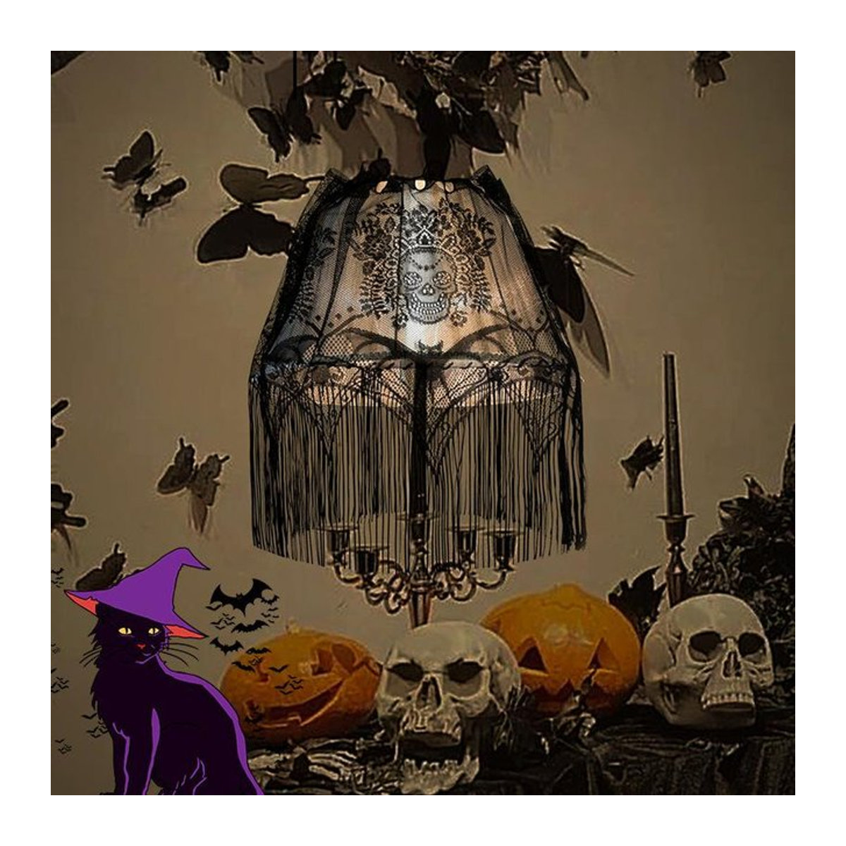 Halloween Dekostoff mit Spitze und Fledermausschädel in Schwarz, B: 150 cm, H: 52 cm - Bild 1