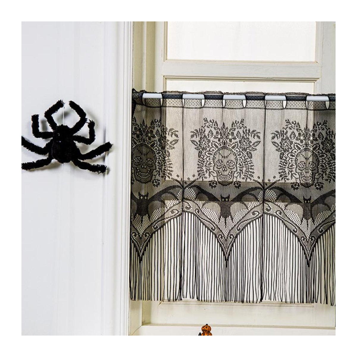 Halloween Dekostoff mit Spitze und Fledermausschädel in Schwarz, B: 150 cm, H: 52 cm - Bild 2