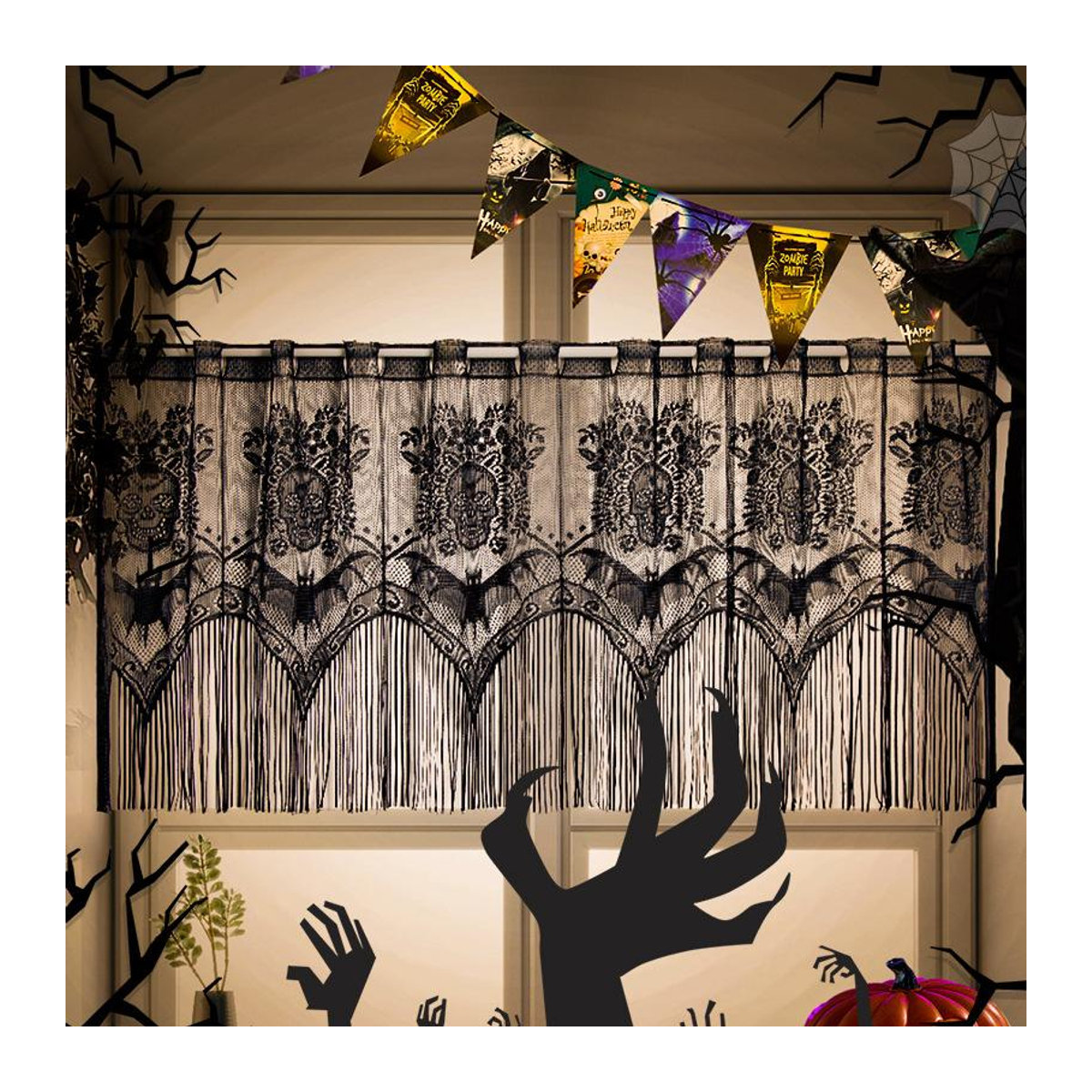 Halloween Dekostoff mit Spitze und Fledermausschädel in Schwarz, B: 150 cm, H: 52 cm - Bild 3