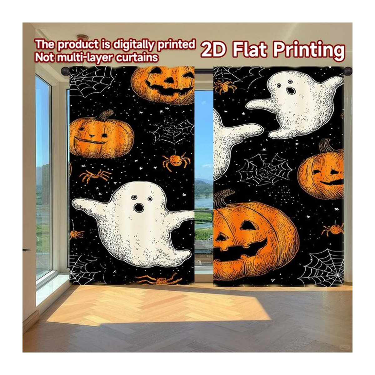 Halloween Druckvorhänge Set mit Geistern und Kürbissen aus Polyester, 2er-Pack, B: 100 cm, H: 70 cm - Bild 1