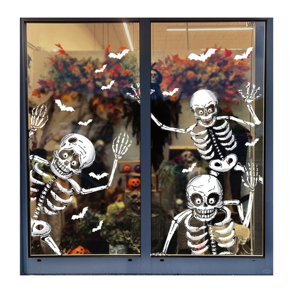 Halloween Fensteraufkleber mit Skelett und Schädel in Weiß zur Dekoration für Glaswände und Spukhaus-Partys - Bild 1