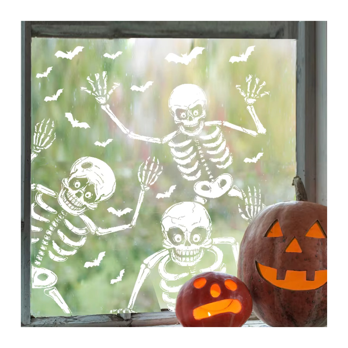 Halloween Fensteraufkleber mit Skelett und Schädel in Weiß zur Dekoration für Glaswände und Spukhaus-Partys - Bild 2