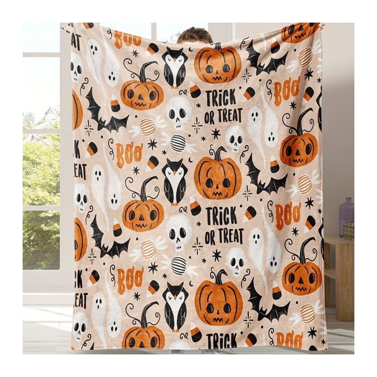 Halloween Flanell Decke mit Fledermaus, Kürbis, Geist und Eule Muster für Büro und Zimmer - Bild 1