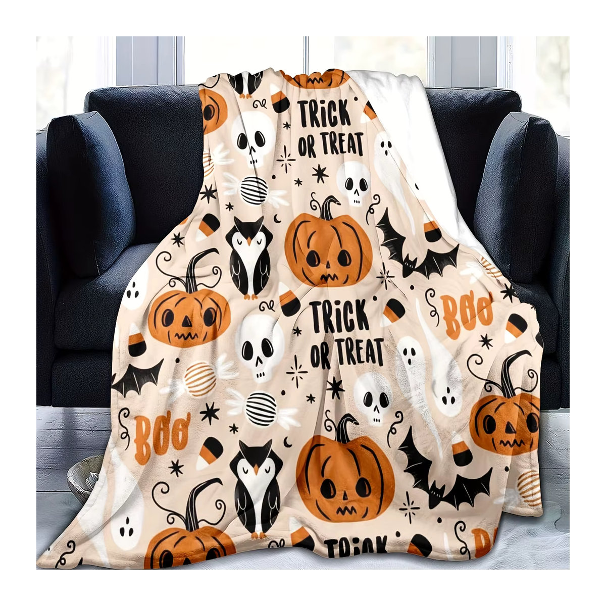 Halloween Flanell Decke mit Fledermaus, Kürbis, Geist und Eule Muster für Büro und Zimmer - Bild 2