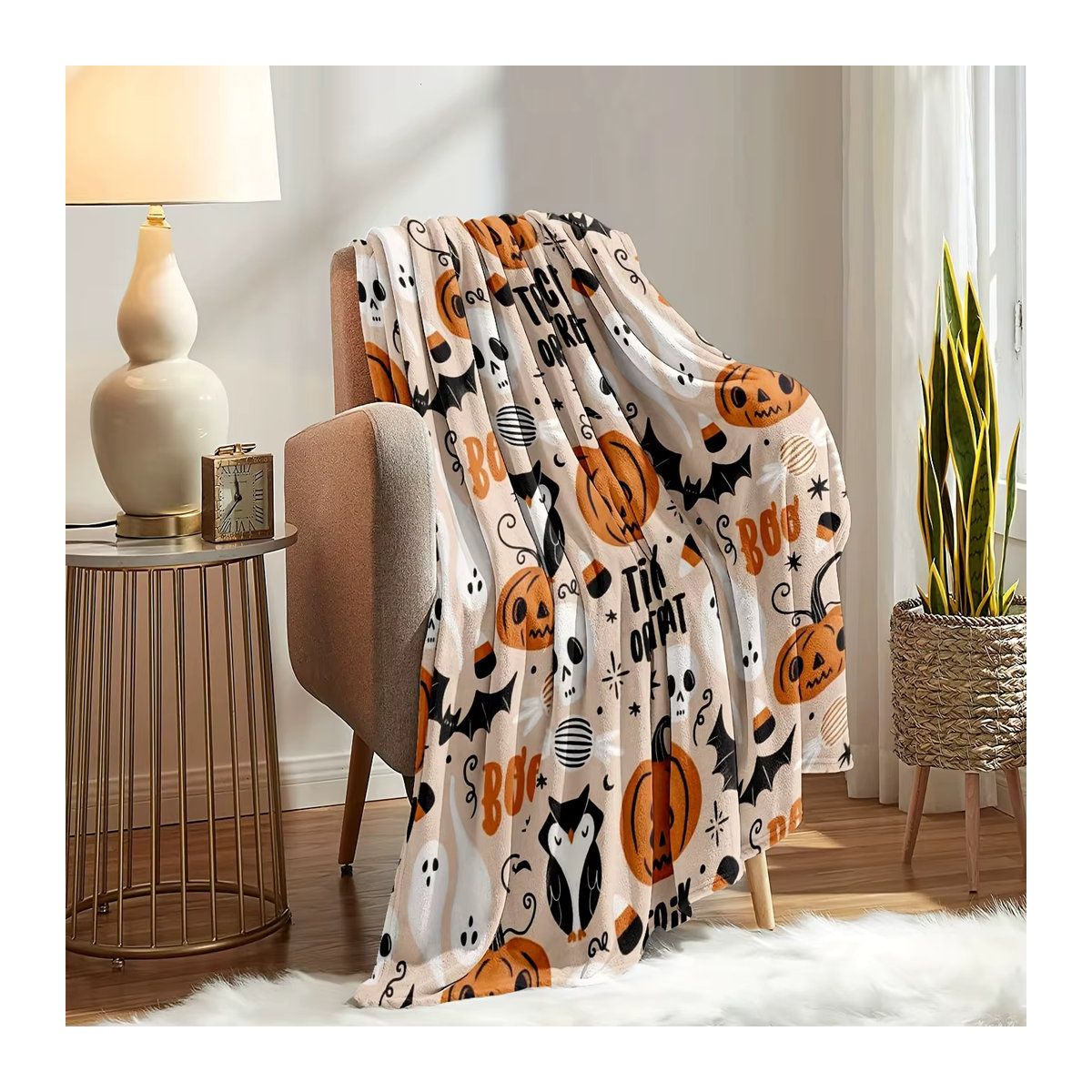 Halloween Flanell Decke mit Fledermaus, Kürbis, Geist und Eule Muster für Büro und Zimmer - Bild 3