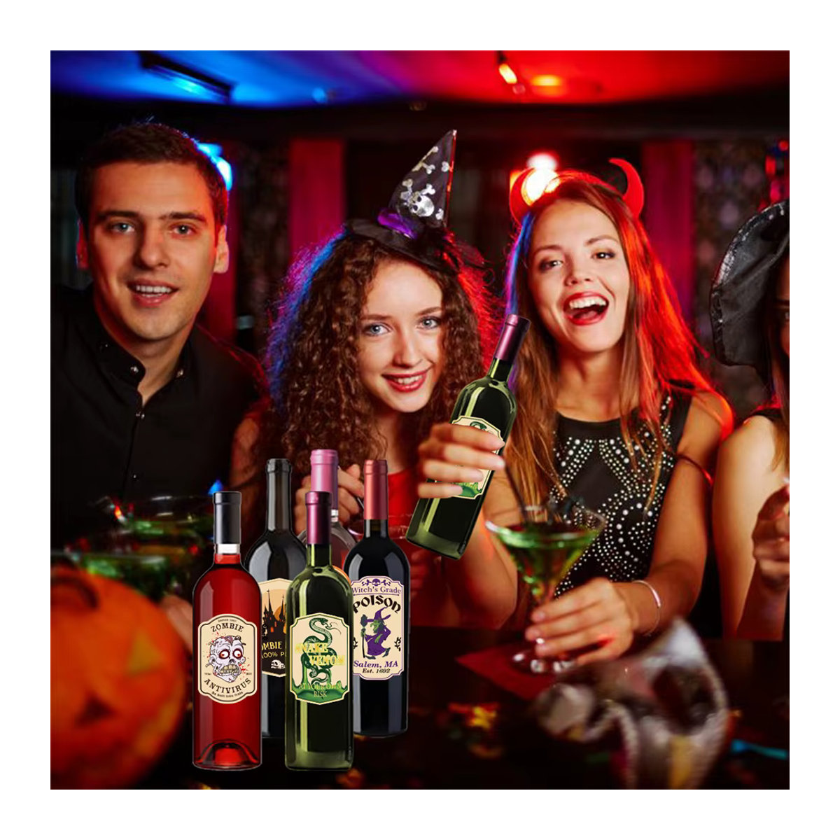 Halloween Flaschenaufkleber aus Papier mit Schädel und Fledermaus Motiv für Party-Dekorationen in Multicolor - Bild 3