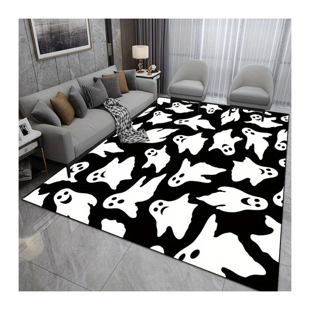 Halloween Ghost Pattern Teppich mit Geistermuster, rutschfest und maschinell gefertigt, schwarz-weiß, rechteckig für Wohnzimmer und Schlafzimmer - Bild 1